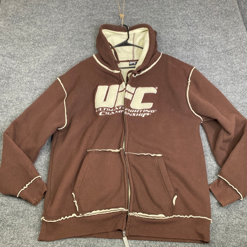 UFC Ultimate Fighting Championship XL Brown Sherpa Lined Waffle Knit Hoodie Y2k